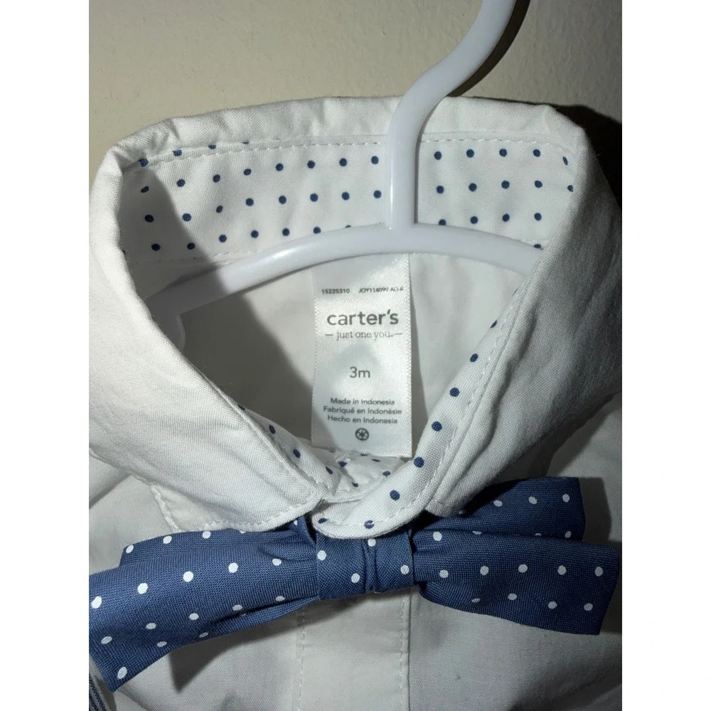 Carters Summer Wedding outfit Blue White Stripe Suspender Top Shorts Set Bow Tie - Picture 3 of 3
